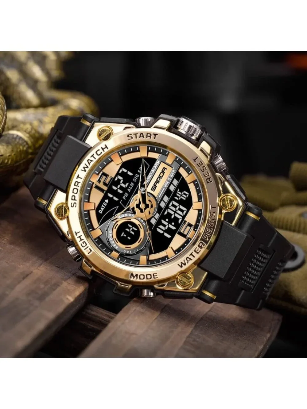 Men's Gold And Black Analog Quartz Sports Waterproof Military LED Digital Watch